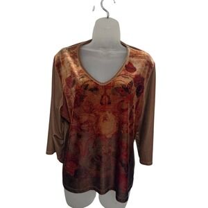 DB Sport Women Brown Velvet V-Neck Top Floral Butterfly Graphic 3/4 Sleeve XL